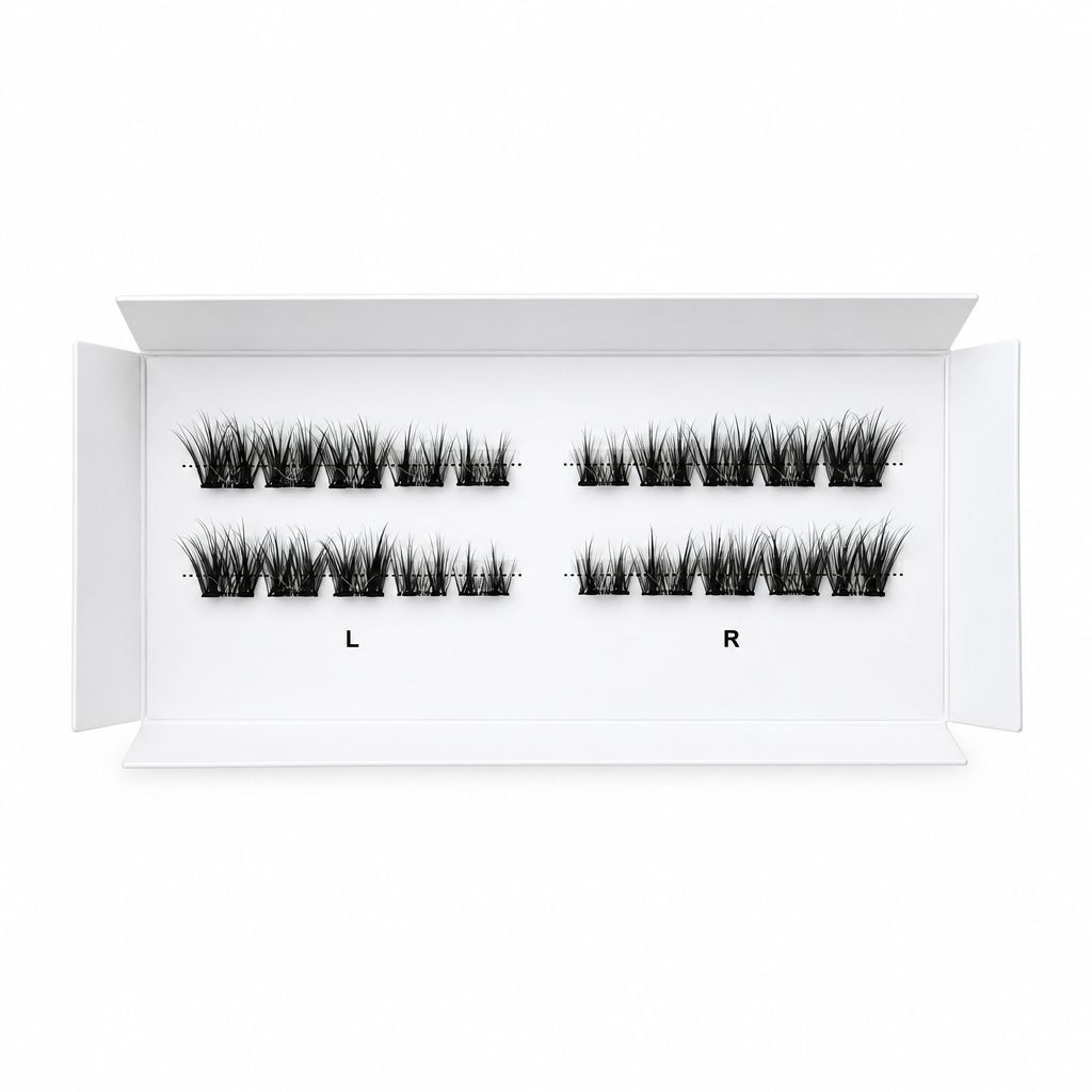 A pair of black false eyelash clusters arranged inside an open white box, with the letters L and R printed below each side.