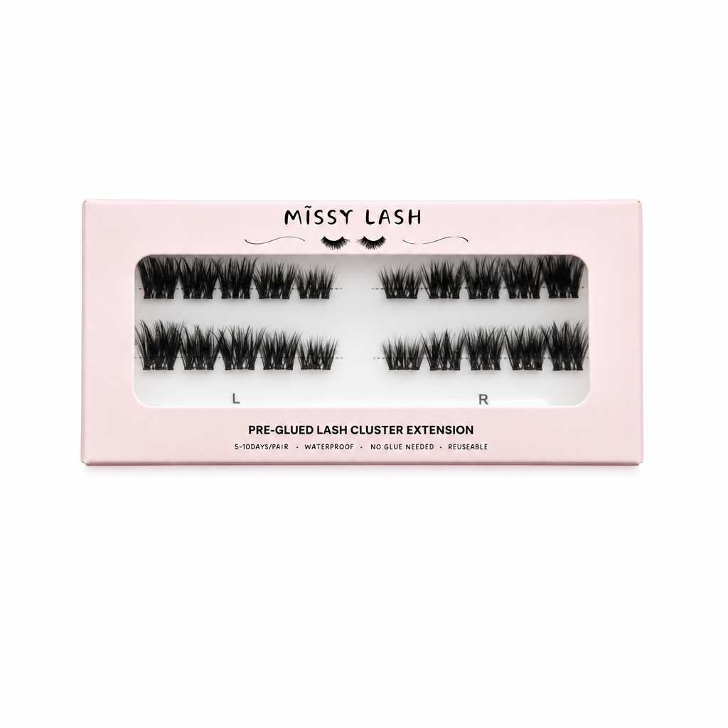 Missy Lash pre-glued lash cluster extension in a pink rectangular box with a clear window showing the black lash clusters inside. 2 pairs eyelashes