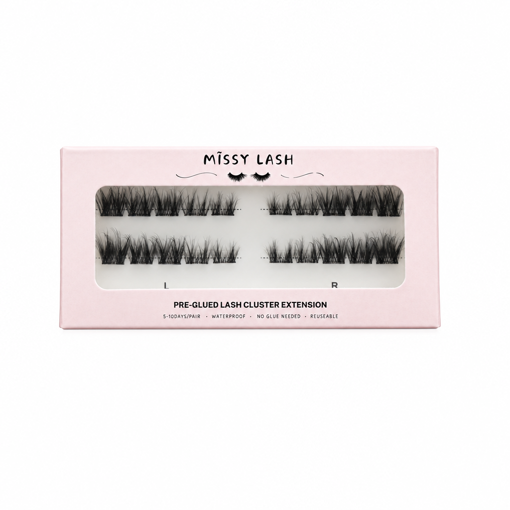 Missy Lash pre-glued lash cluster extension in a light pink rectangular box with a clear window showing the black lash clusters inside.
