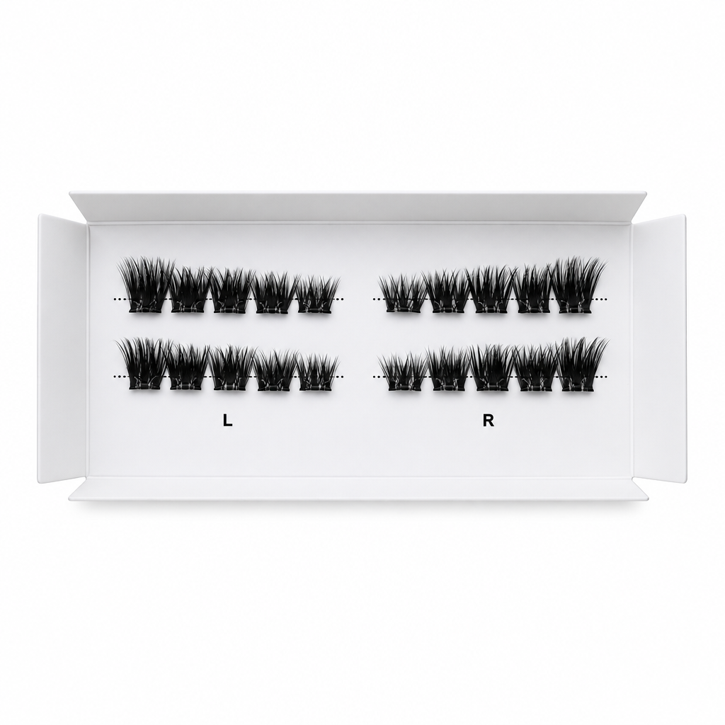 2 pair of black preglued false eyelash clusters arranged inside an open white tray, labeled Left and Right.